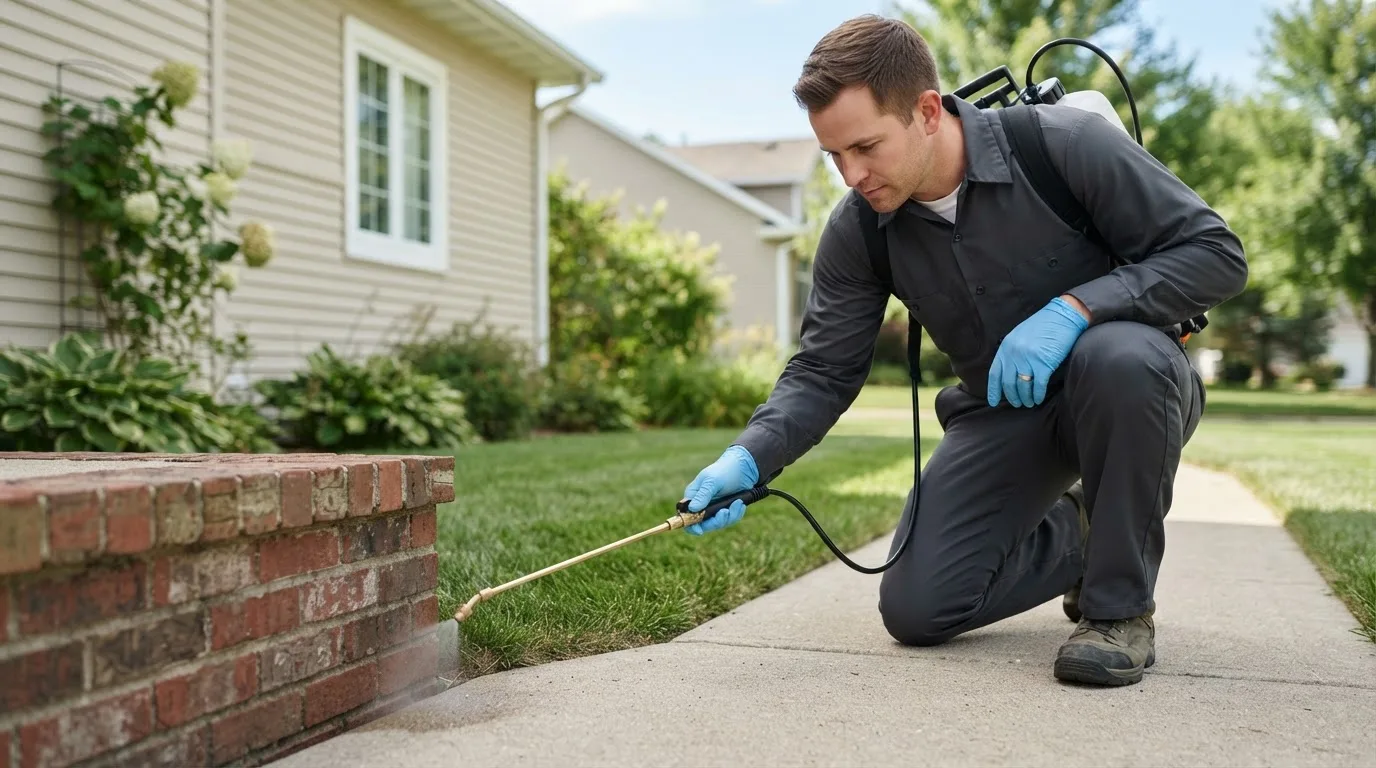 Pest control technician treating a home near Weston, NE
